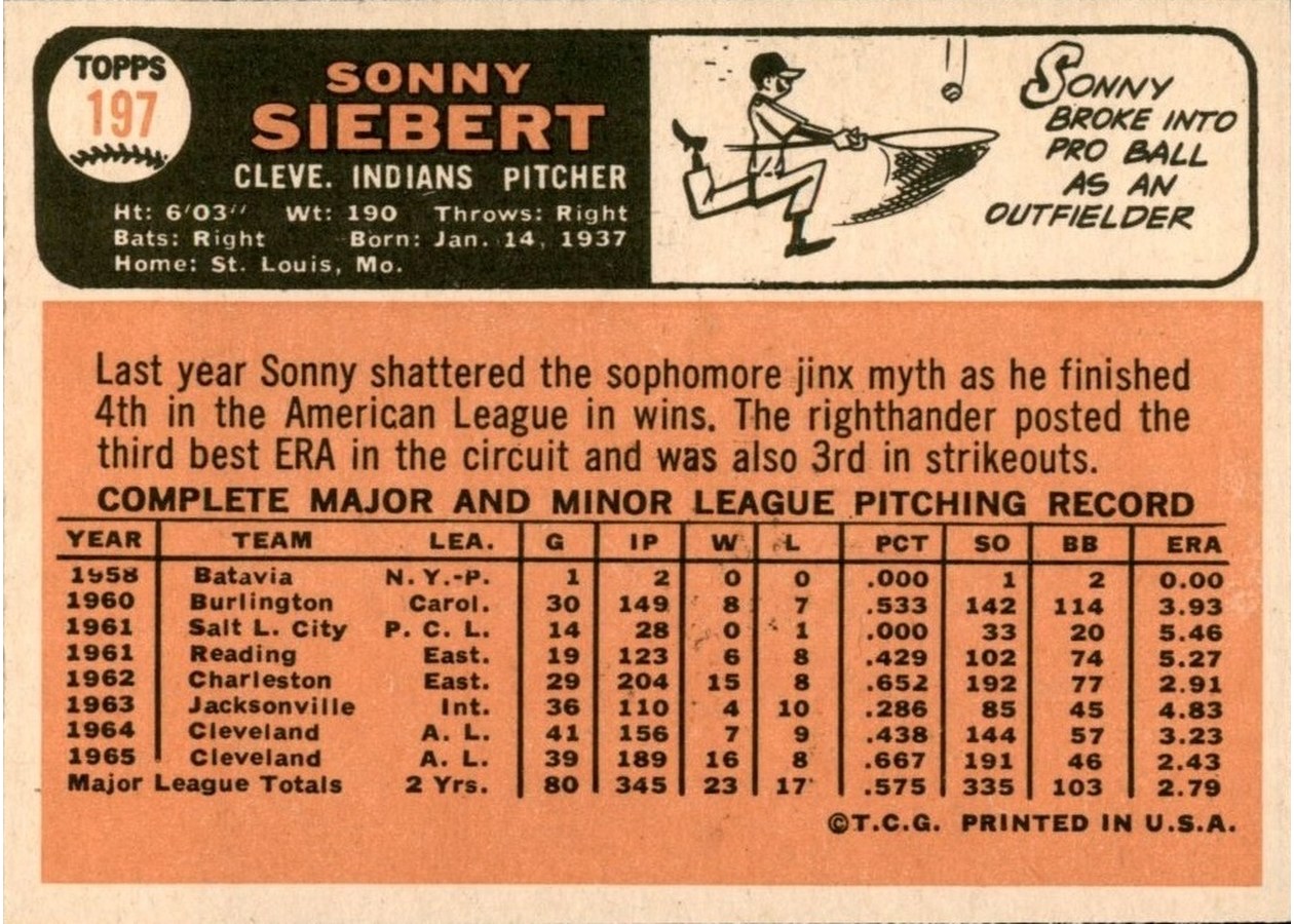 1966 Topps #197 Sonny Siebert card back