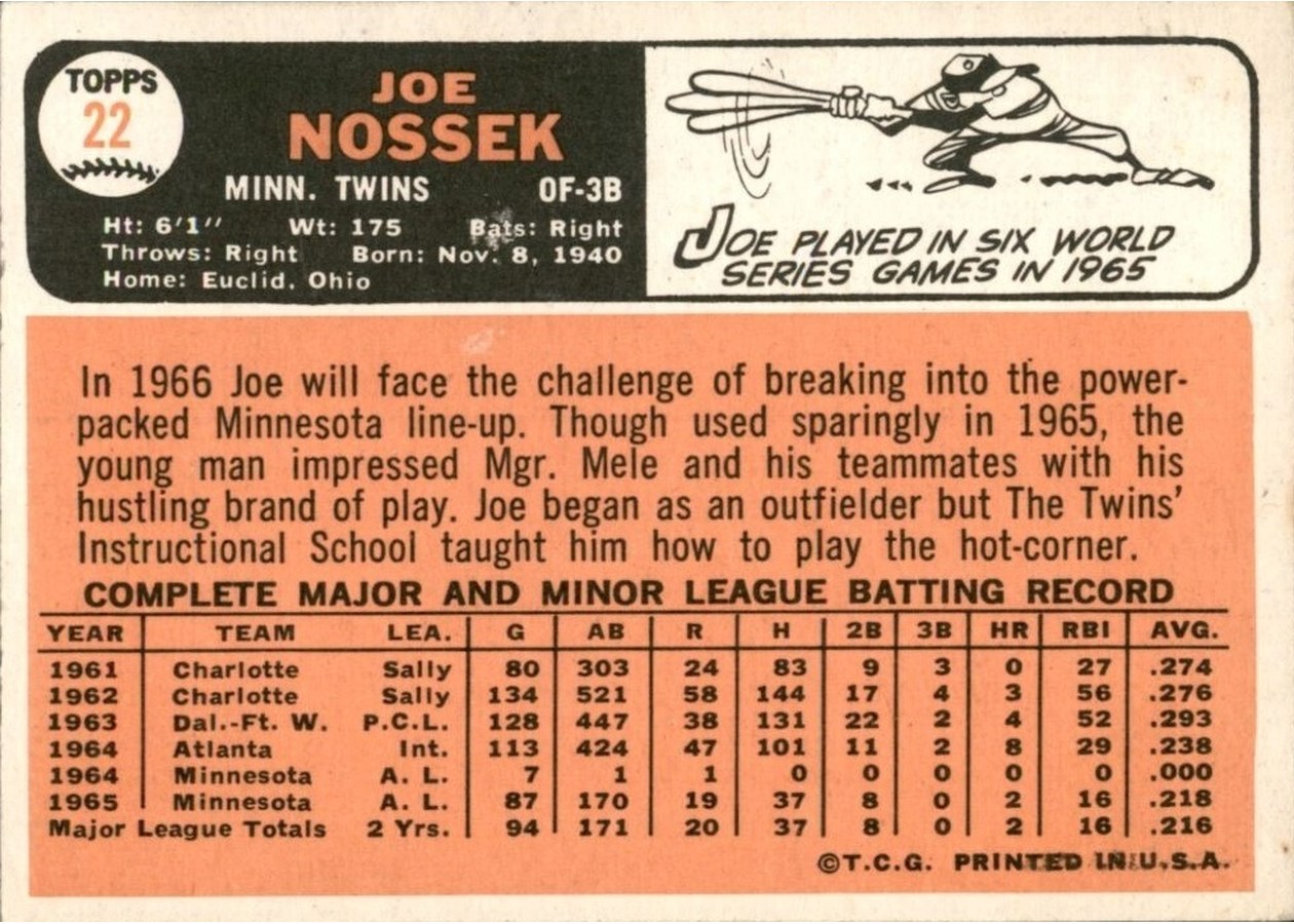 1966 Topps #22 Joe Nossek card back