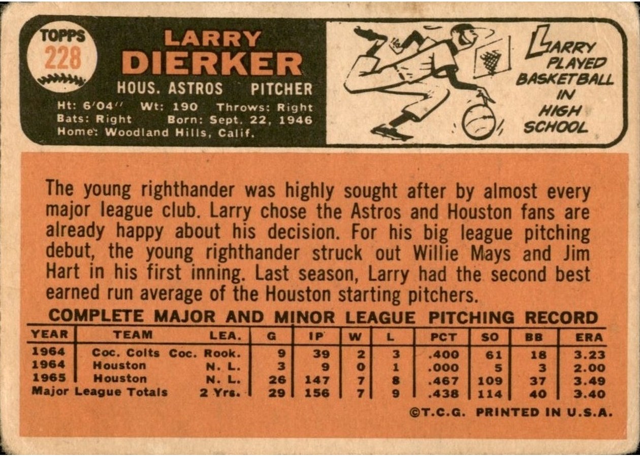 1966 Topps #228 Larry Dierker card back