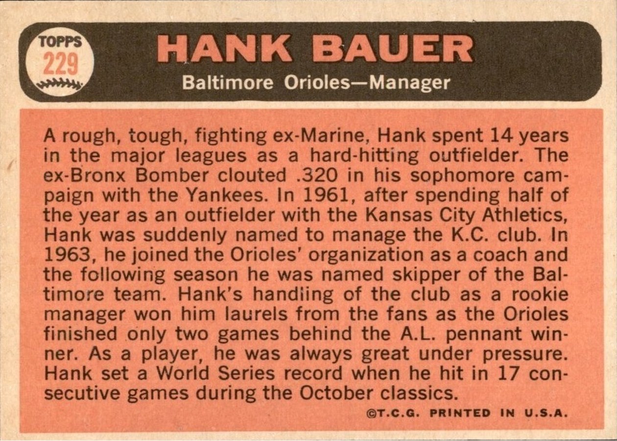 1966 Topps #229 Hank Bauer card back