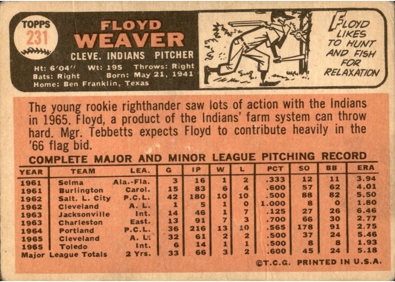 1966 Topps #231 Floyd Weaver card back