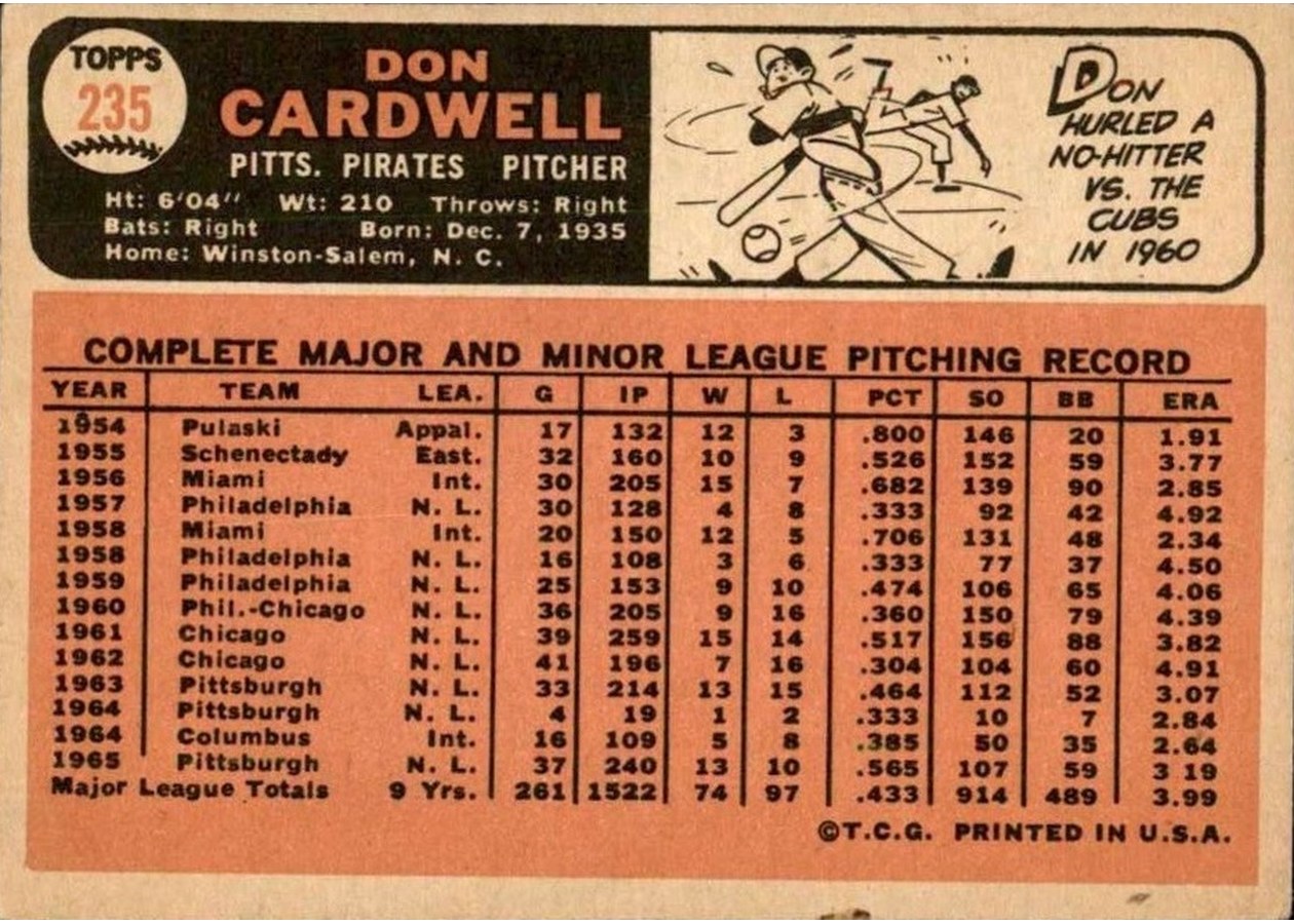 1966 Topps #235 Don Cardwell card back