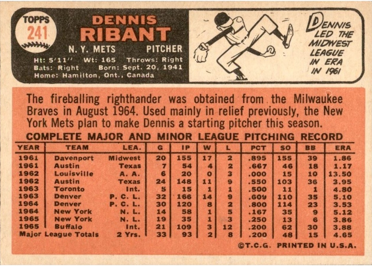 1966 Topps #241 Dennis Ribant card back