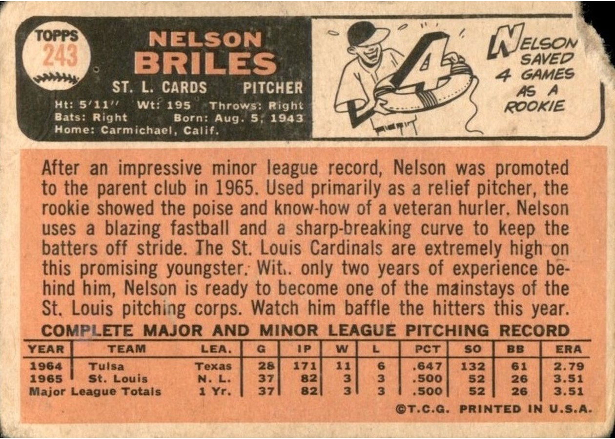 1966 Topps #243 Nelson Briles card back