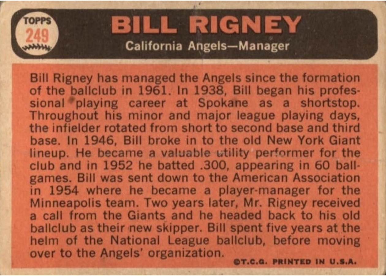 1966 Topps #249 Bill Rigney card back