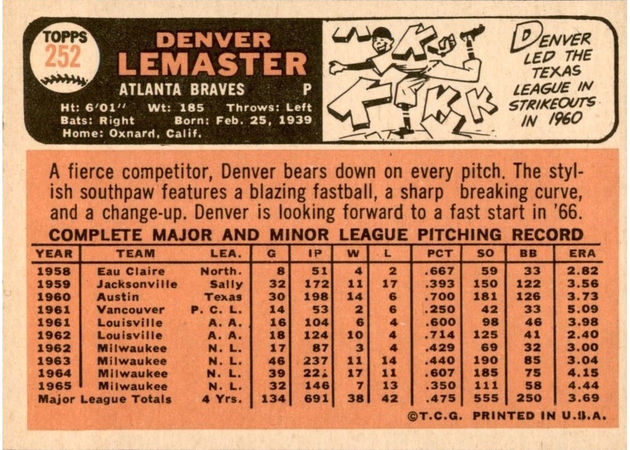 1966 Topps #252 Denver Lemaster card back