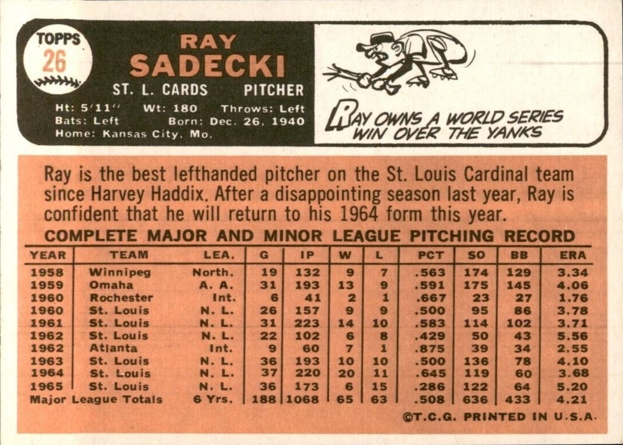 1966 Topps #26 Ray Sadecki card back