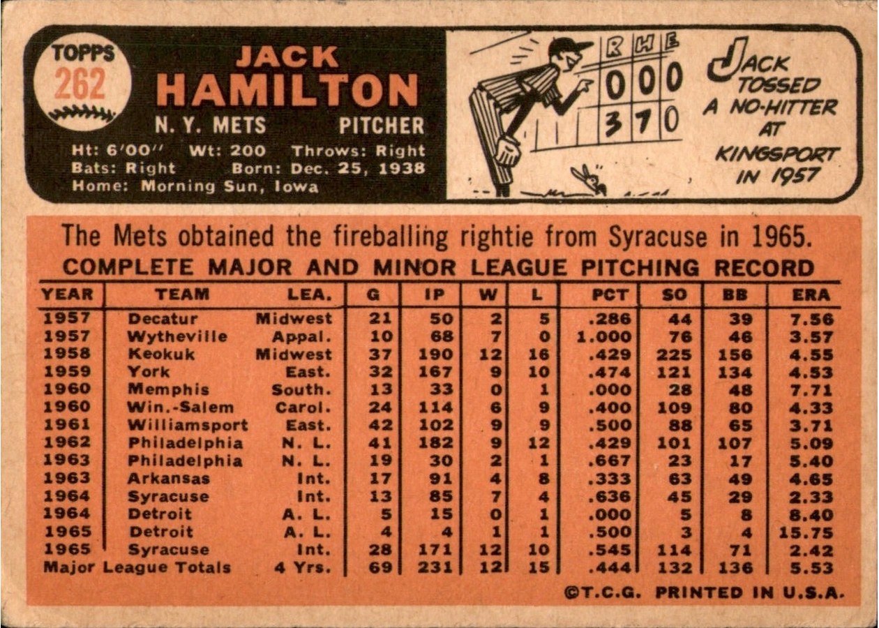 1966 Topps #262 Jack Hamilton card back