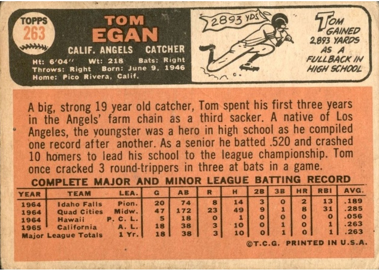 1966 Topps #263 Tom Egan card back