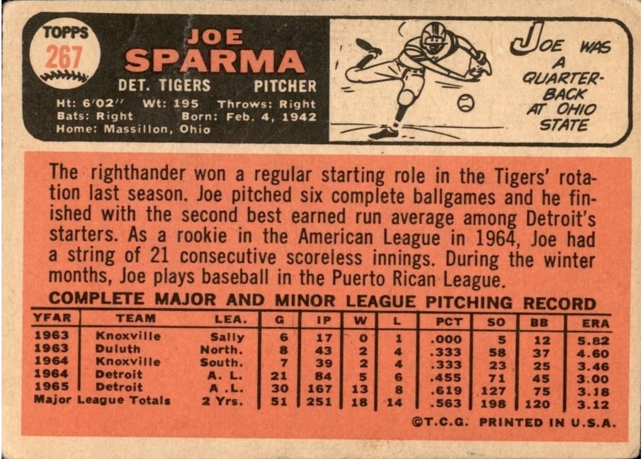 1966 Topps #267 Joe Sparma card back