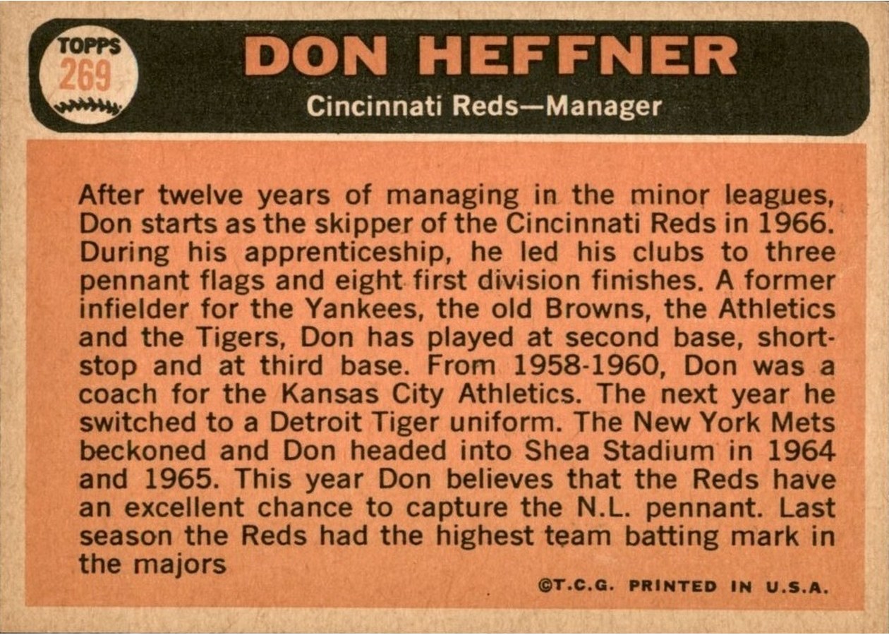 1966 Topps #269 Don Heffner card back