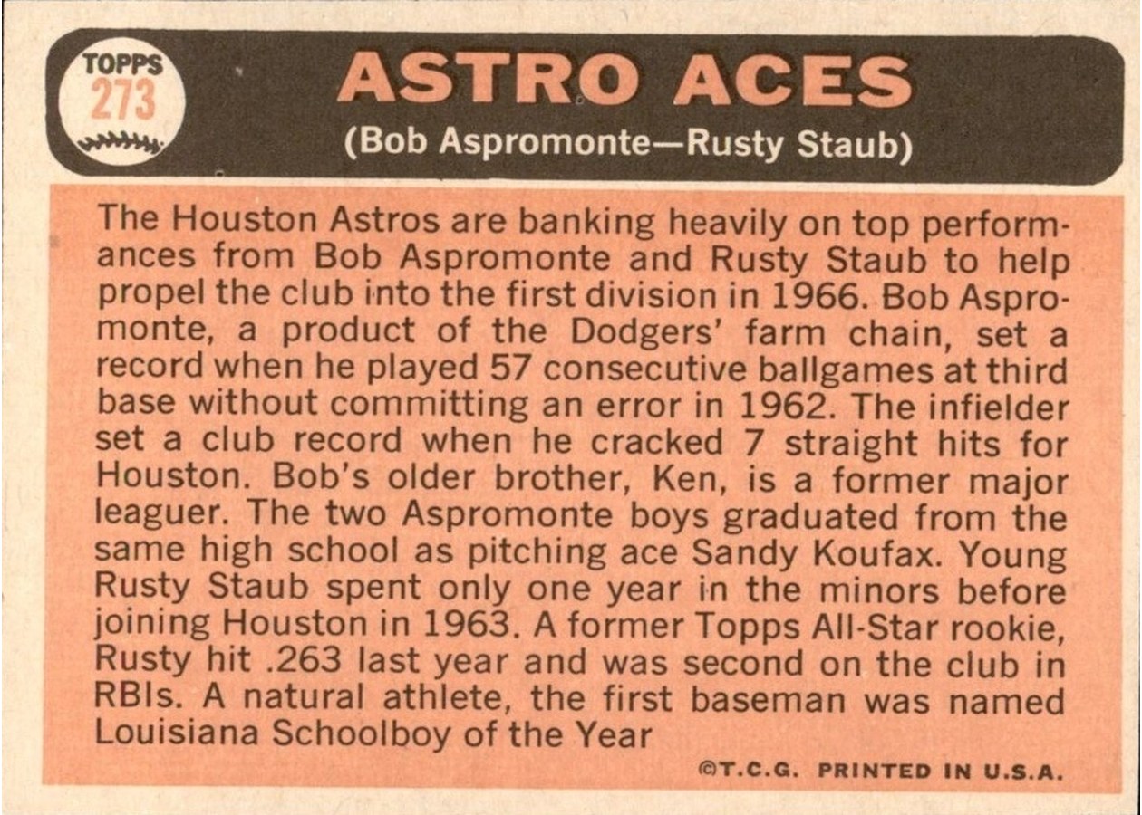 1966 Topps #273 Astro Aces card back