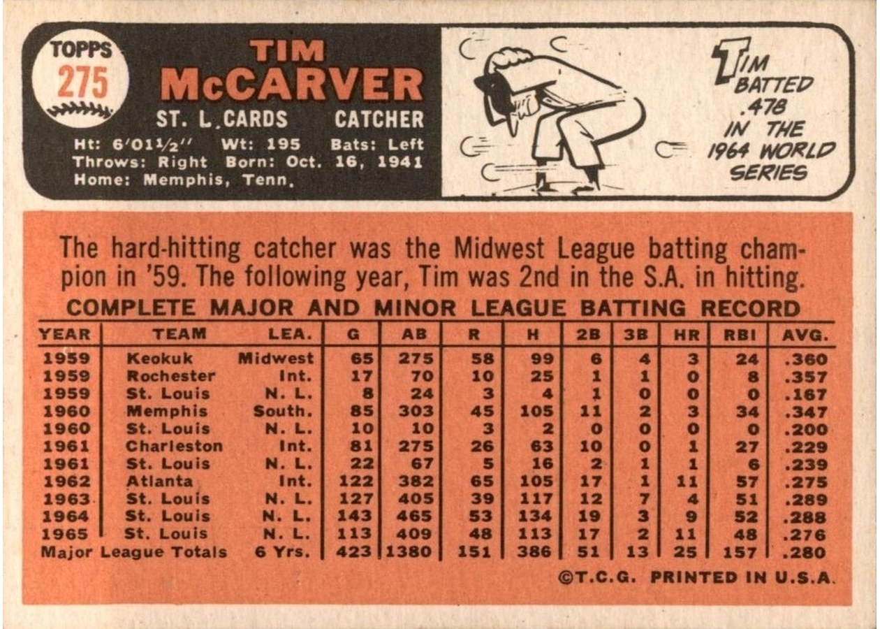 1966 Topps #275 Tim McCarver card back