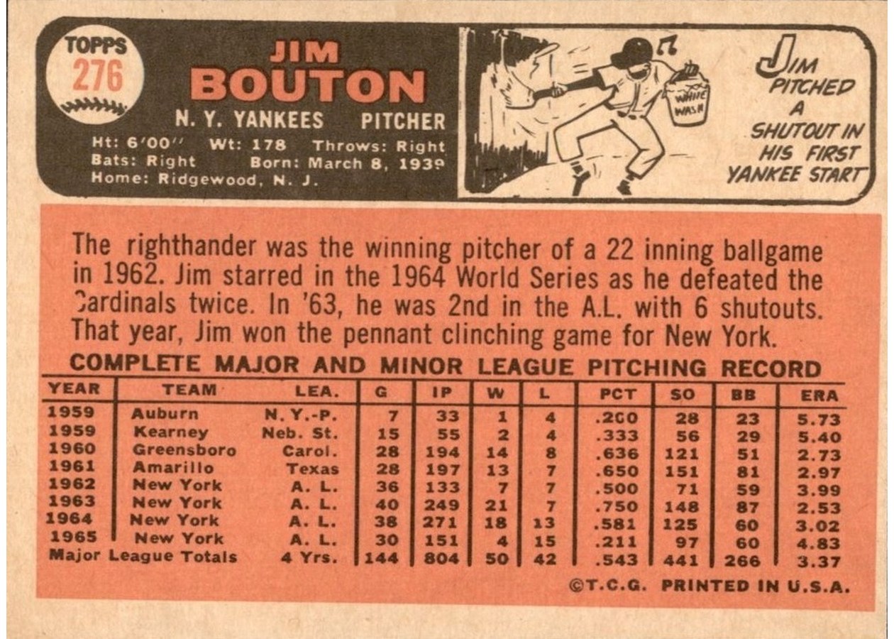 1966 Topps #276 Jim Bouton card back