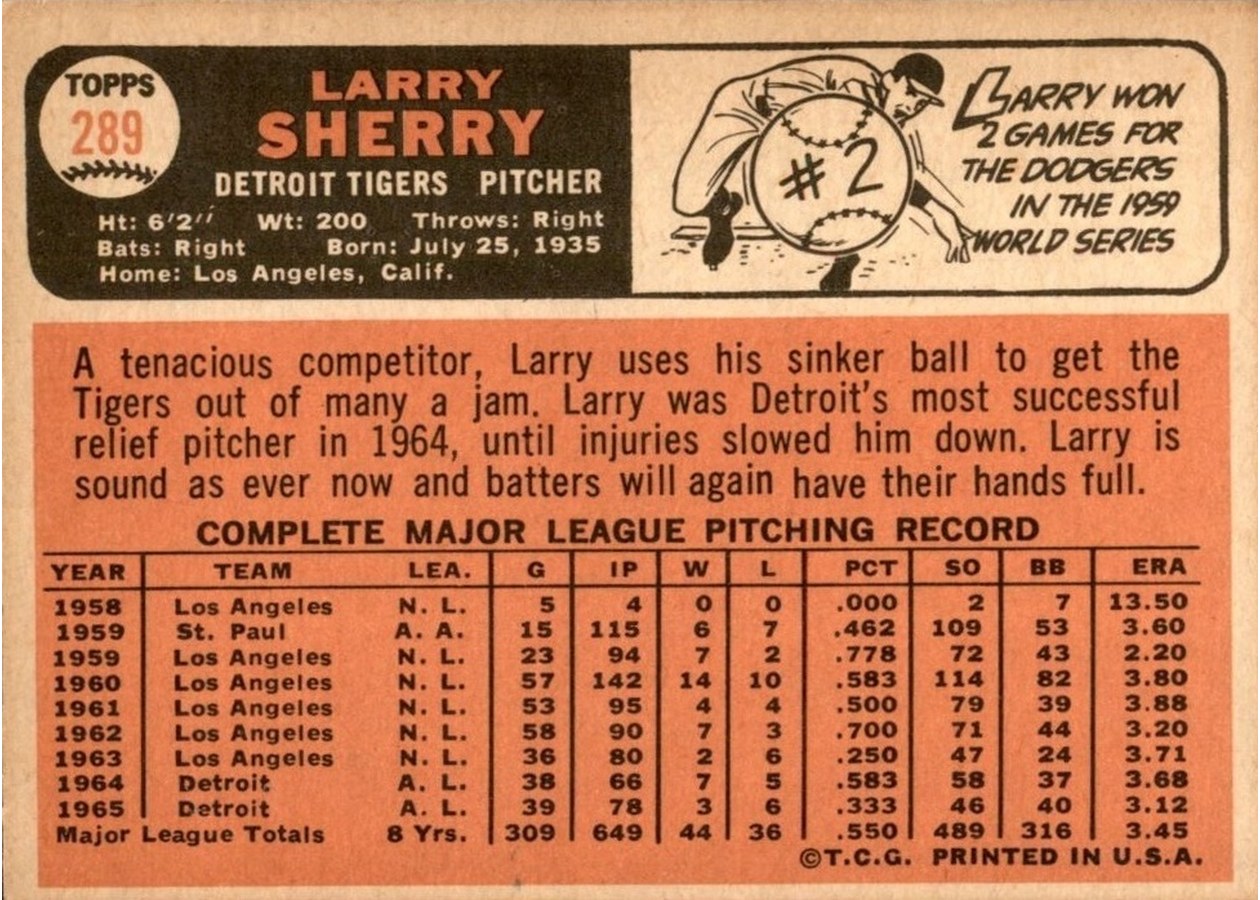 1966 Topps #289 Larry Sherry card back