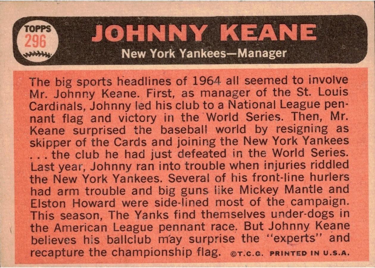 1966 Topps #296 Johnny Keane card back
