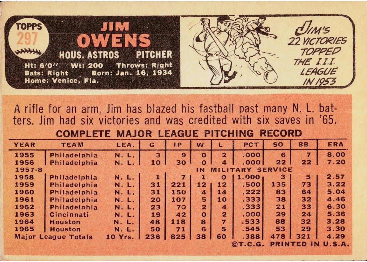 1966 Topps #297 Jim Owens card back