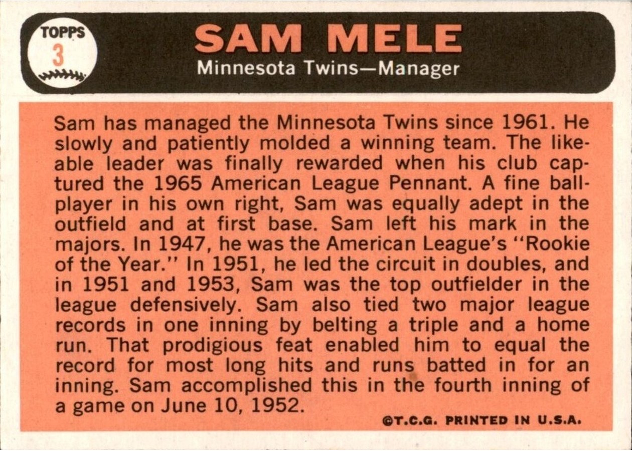 1966 Topps #3 Sam Mele card back