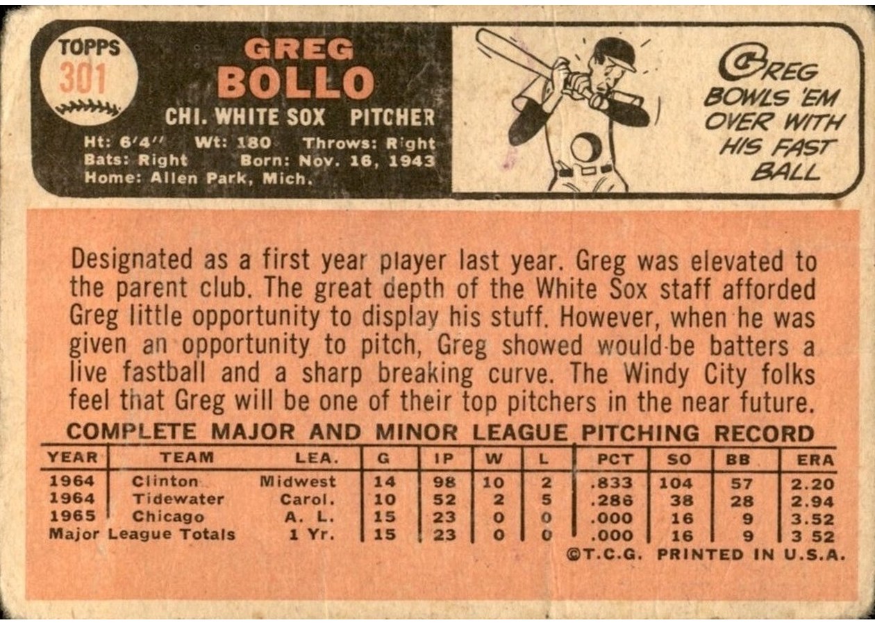 1966 Topps #301 Greg Bollo card back