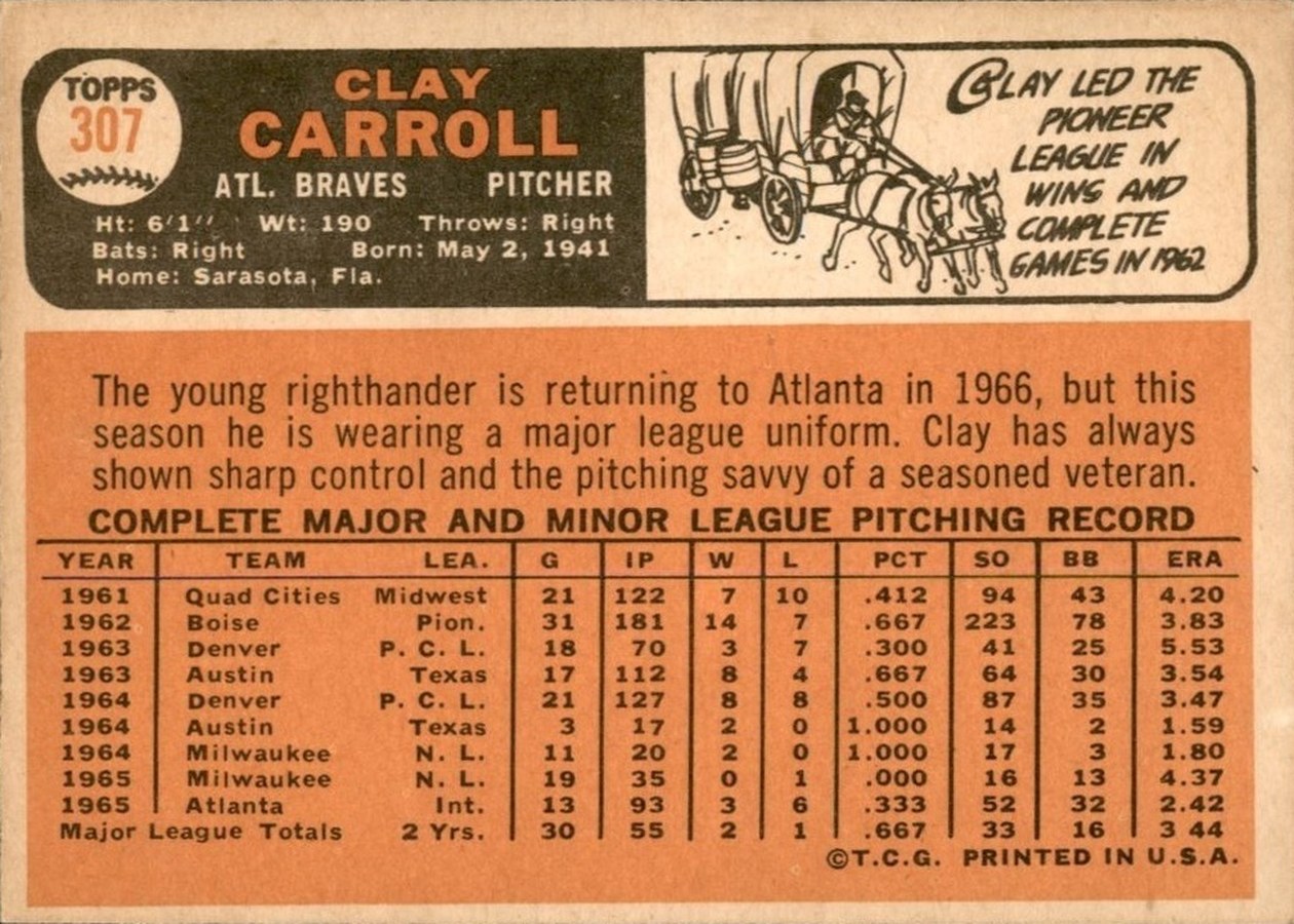 1966 Topps #307 Clay Carroll card back