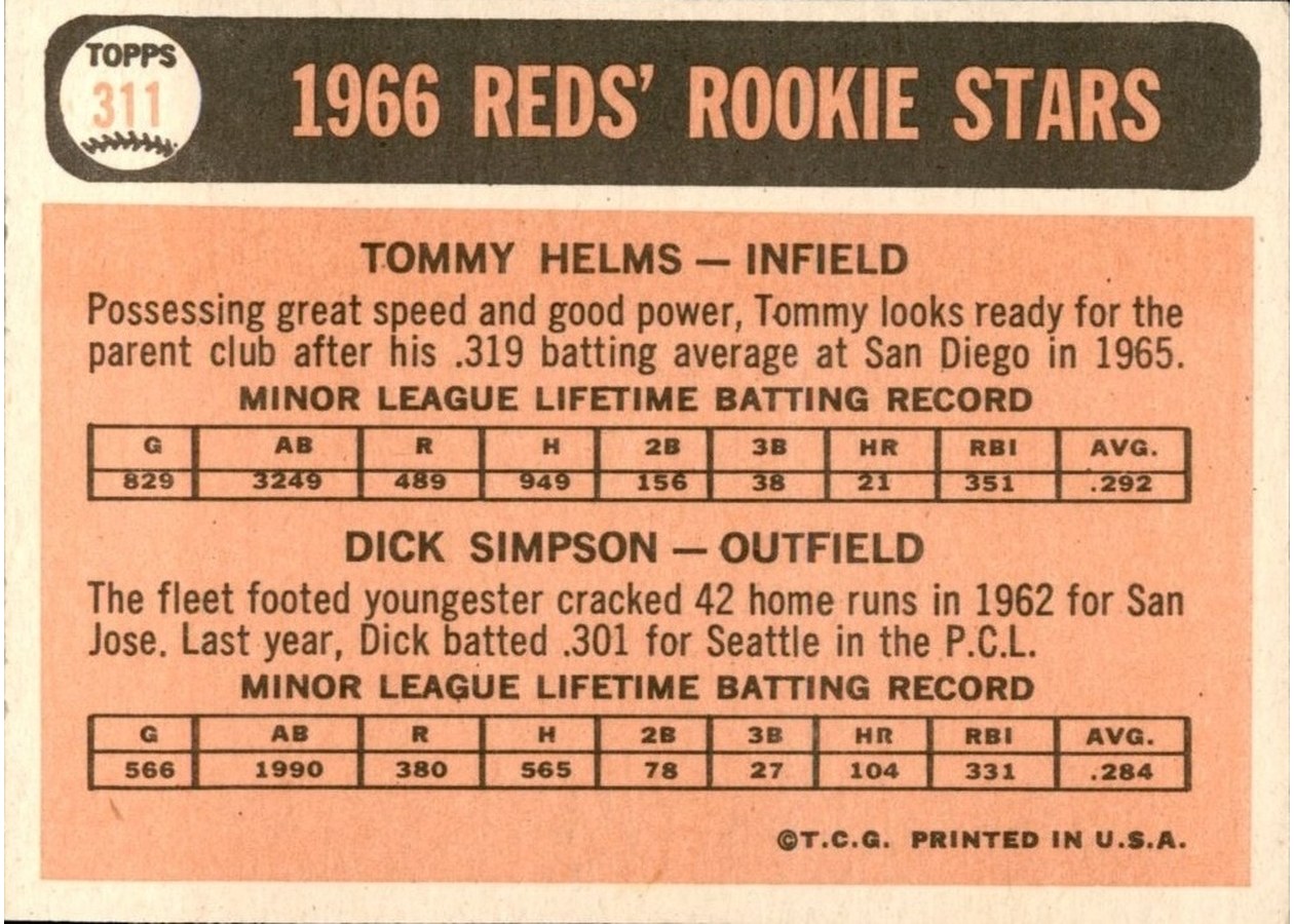 1966 Topps #311 Reds 1966 Rookie Stars card back