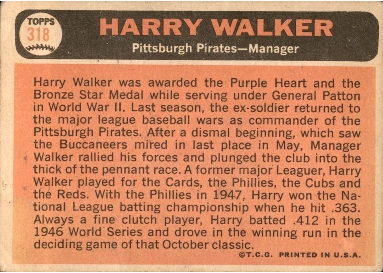 1966 Topps #318 Harry Walker card back