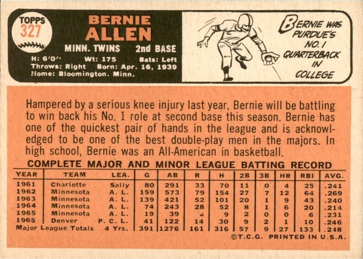 1966 Topps #327 Bernie Allen card back