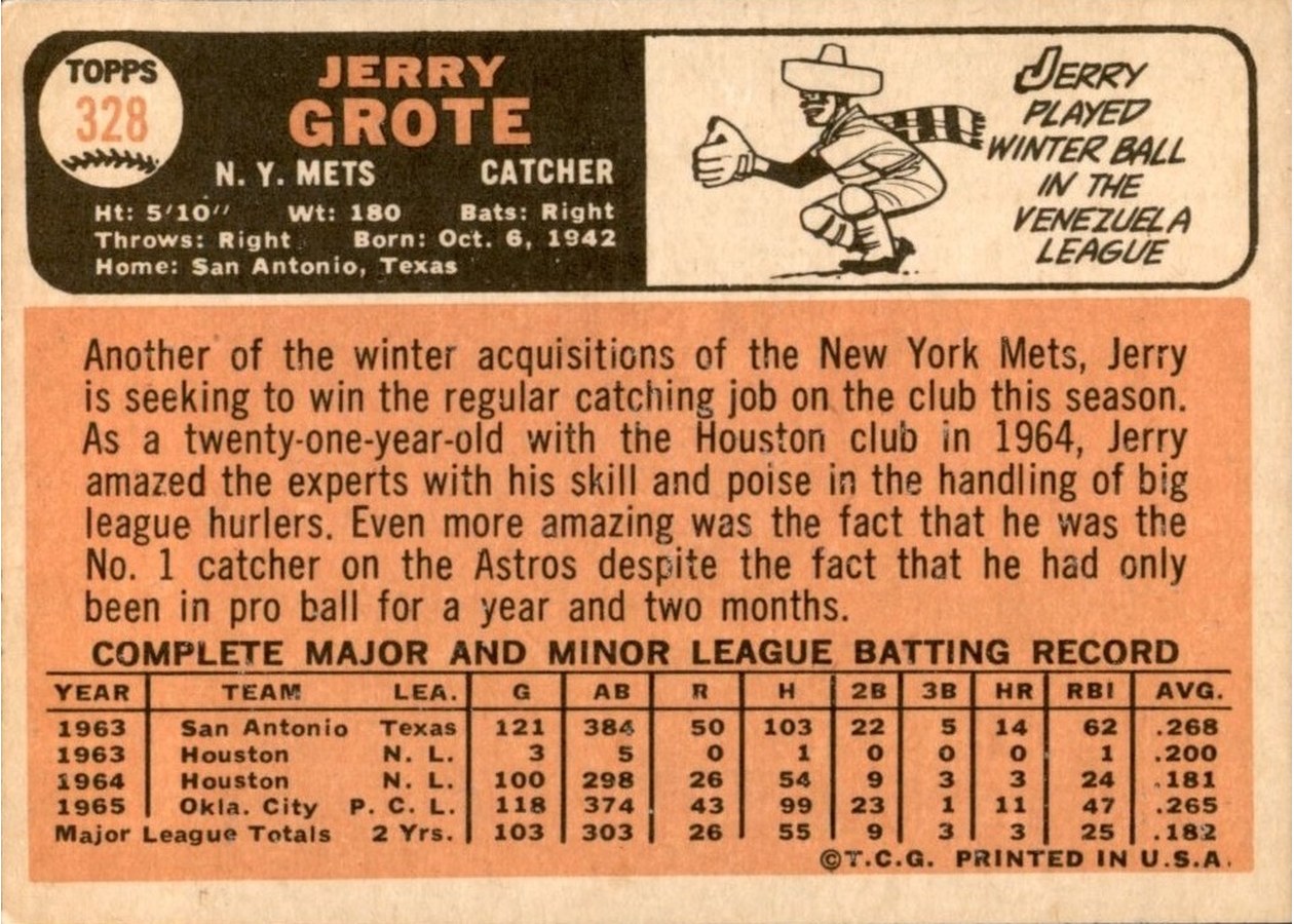 1966 Topps #328 Jerry Grote card back
