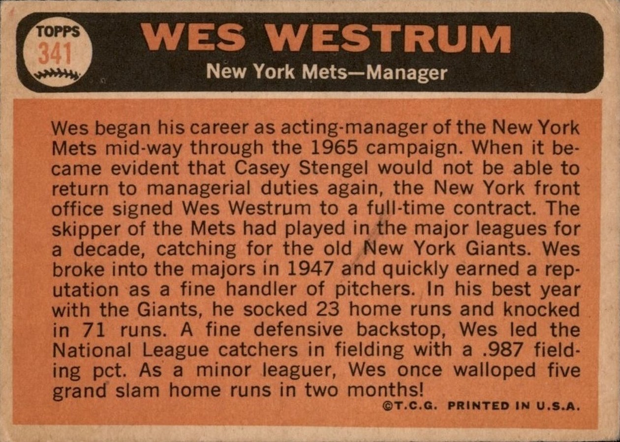 1966 Topps #341 Wes Westrum card back
