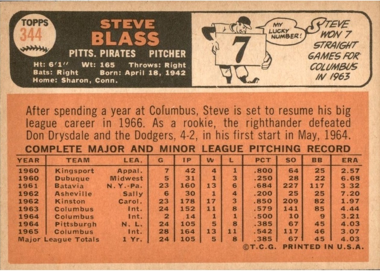 1966 Topps #344 Steve Blass card back