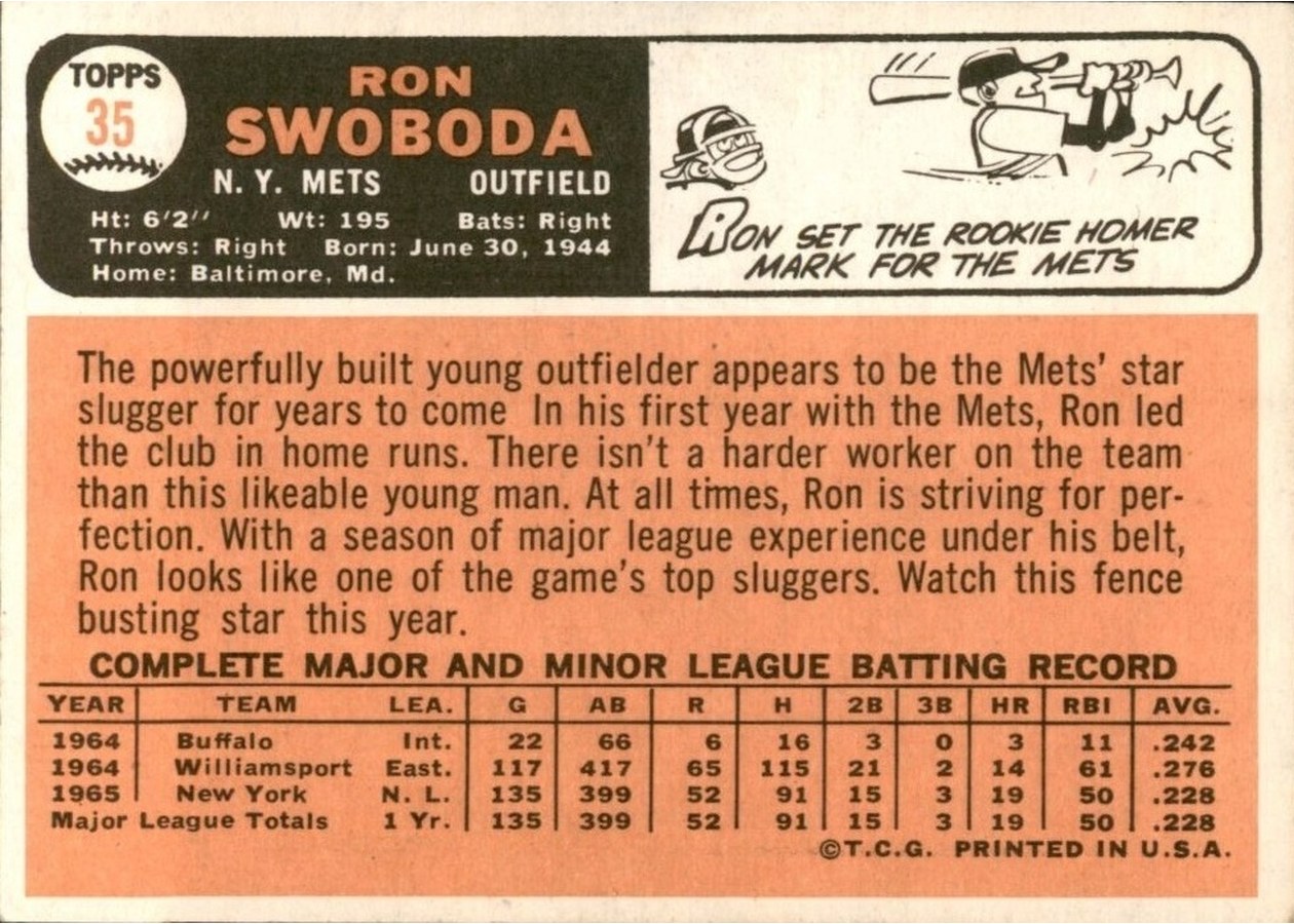 1966 Topps #35 Ron Swoboda card back