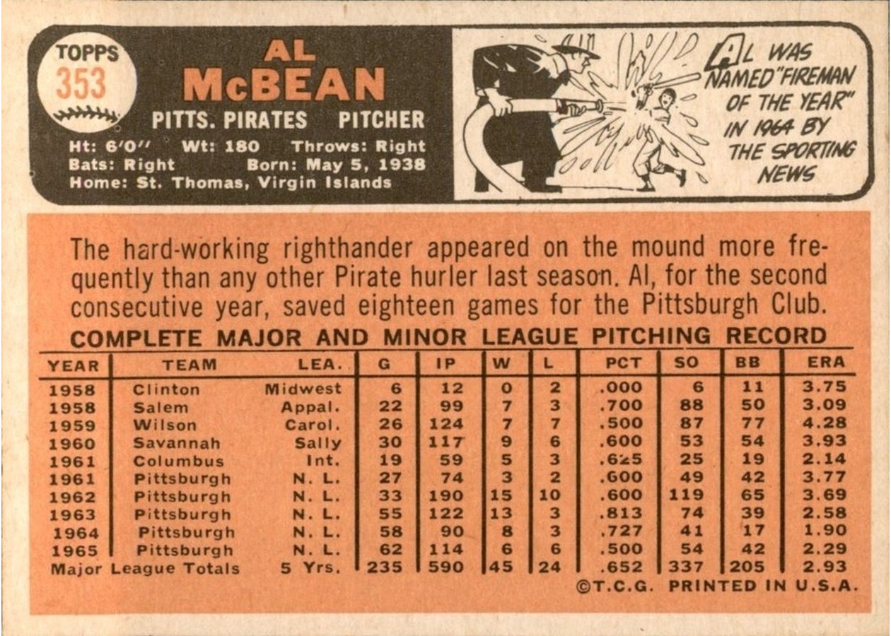 1966 Topps #353 Al McBean card back