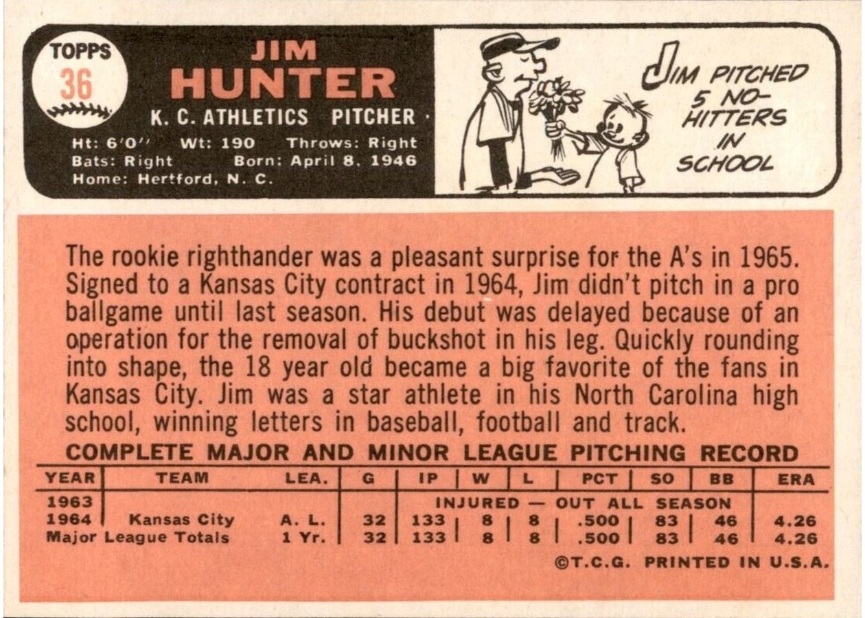 1966 Topps #36 Jim Hunter card back