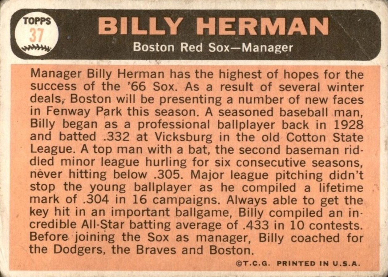 1966 Topps #37 Billy Herman card back