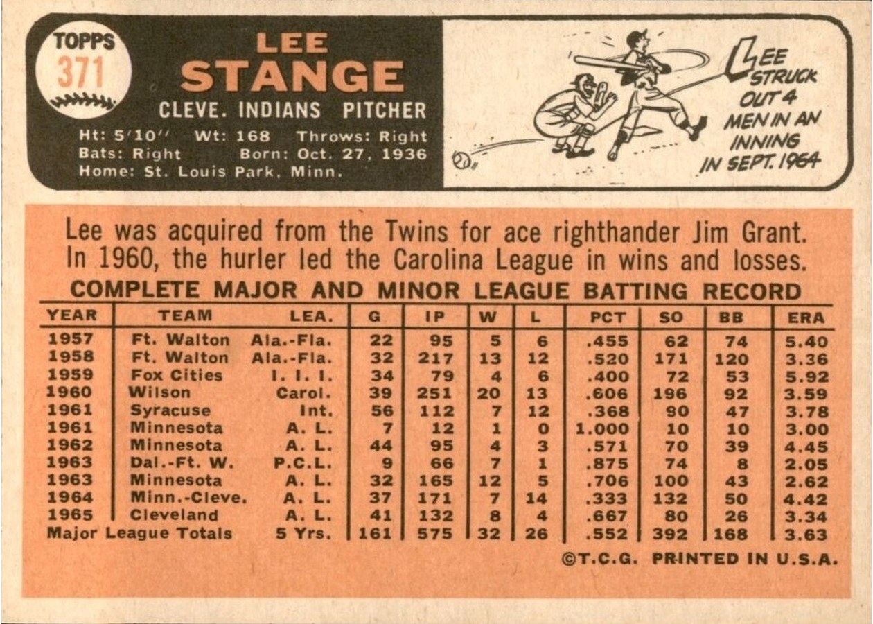 1966 Topps #371 Lee Stange card back