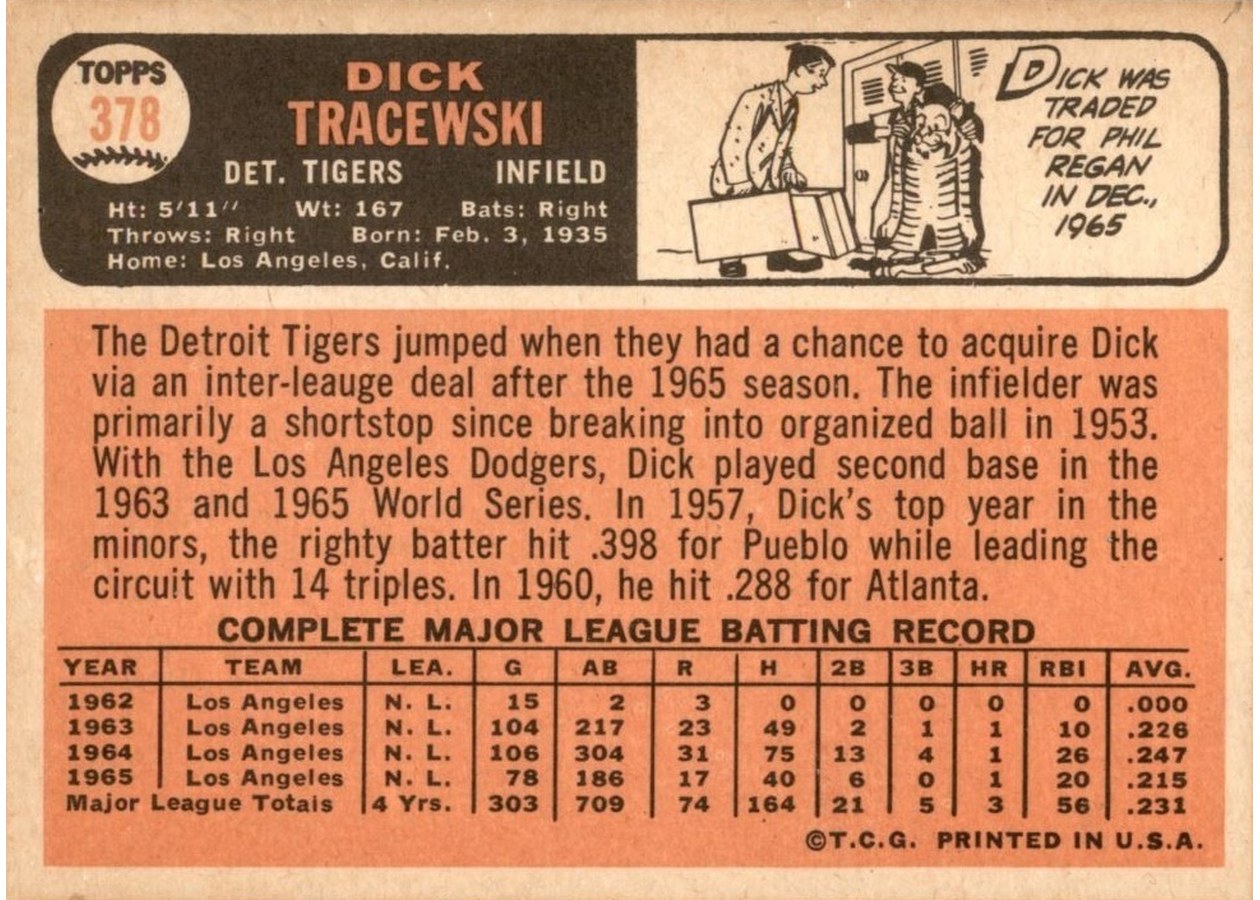 1966 Topps #378 Dick Tracewski card back