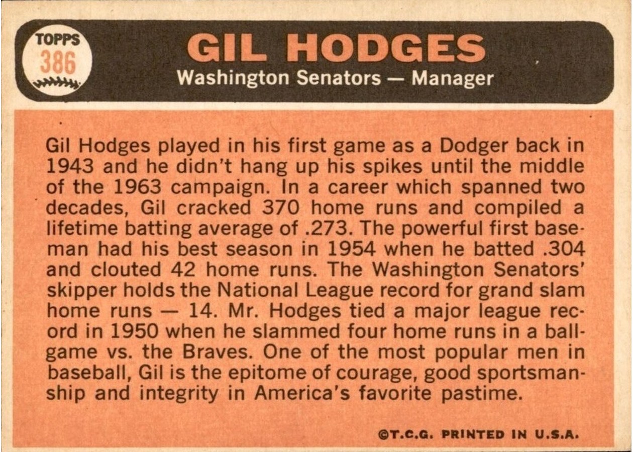 1966 Topps #386 Gil Hodges card back
