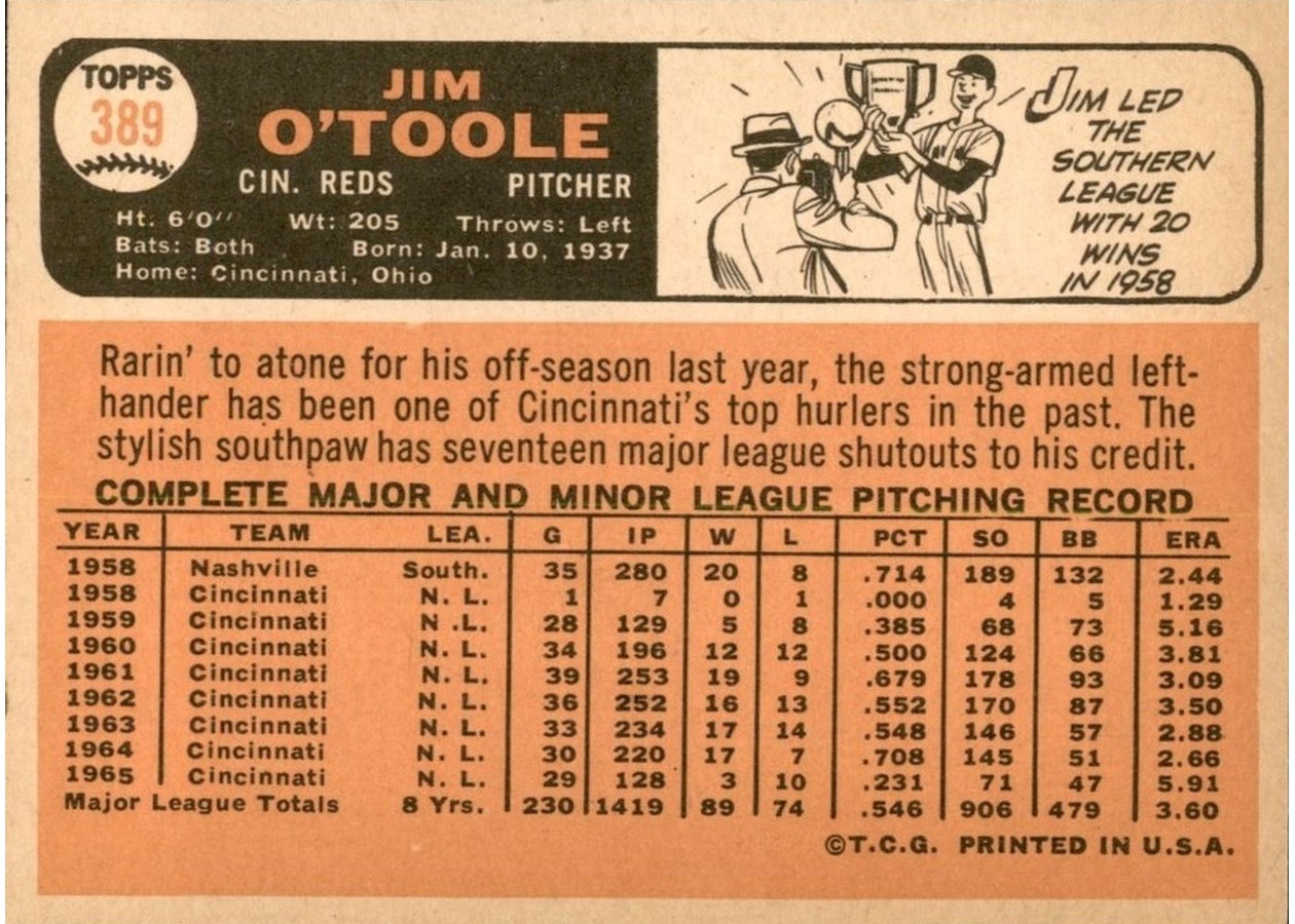 1966 Topps #389 Jim O'Toole card back