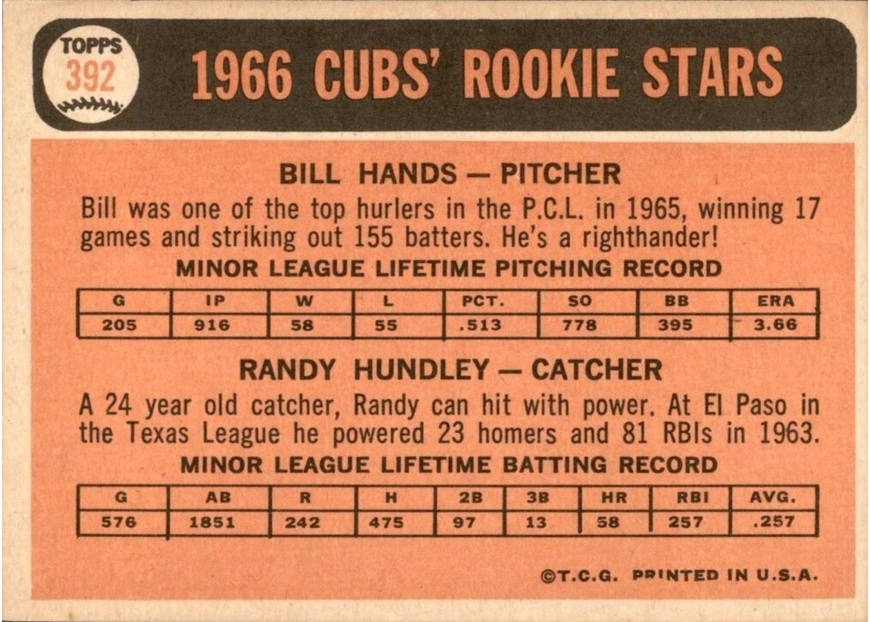 1966 Topps #392 Cubs 1966 Rookie Stars card back