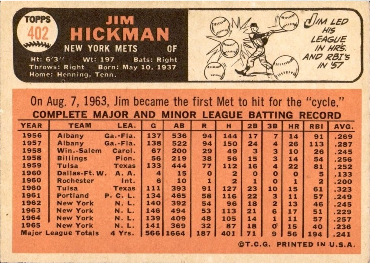1966 Topps #402 Jim Hickman card back