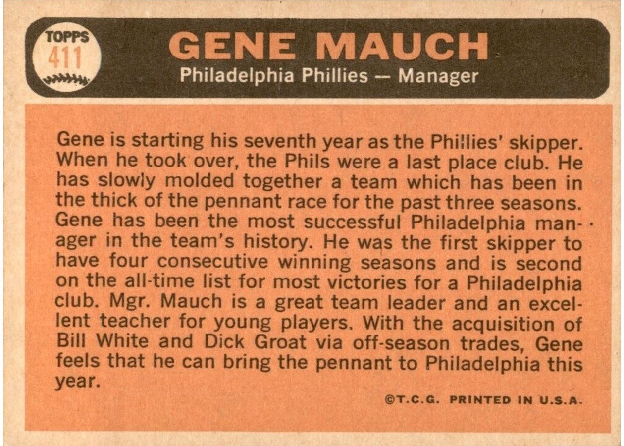 1966 Topps #411 Gene Mauch card back