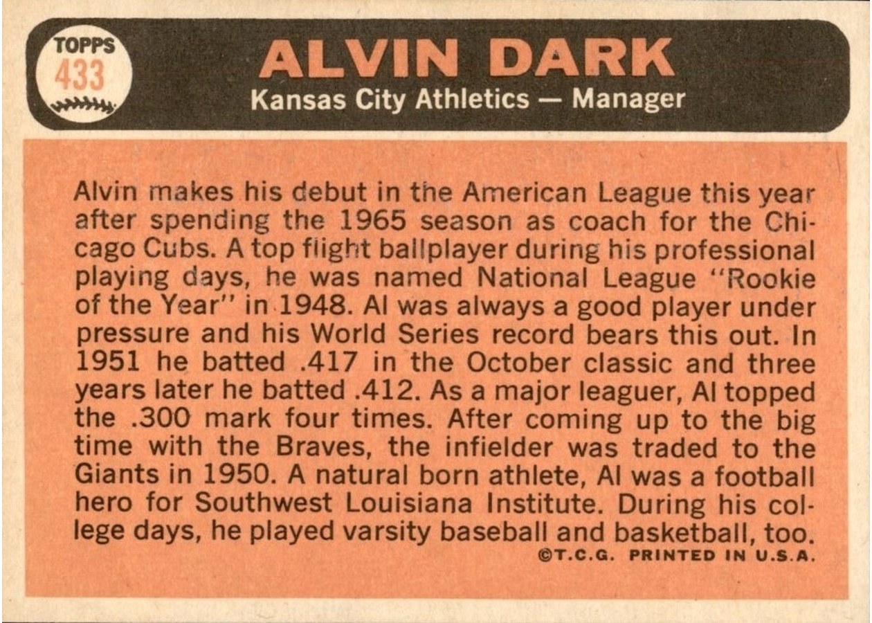 1966 Topps #433 Alvin Dark card back