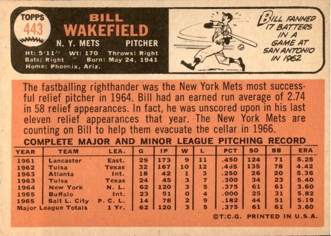 1966 Topps #443 Bill Wakefield card back