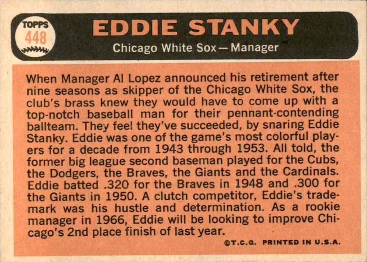 1966 Topps #448 Eddie Stanky card back