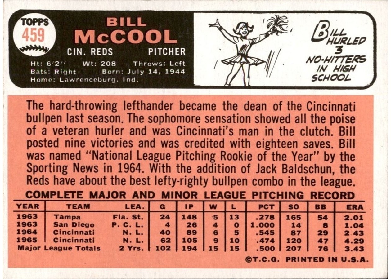 1966 Topps #459 Bill McCool card back