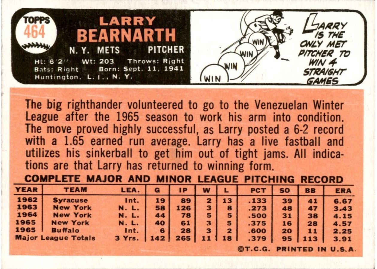 1966 Topps #464 Larry Bearnarth card back
