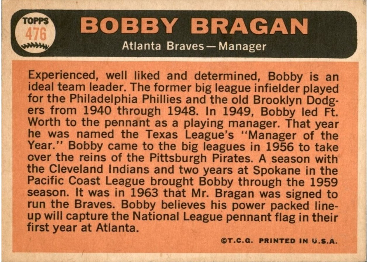 1966 Topps #476 Bobby Bragan card back