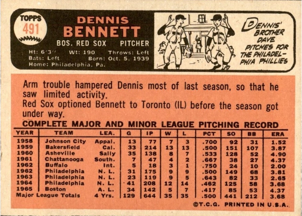 1966 Topps #491 Dennis Bennett card back