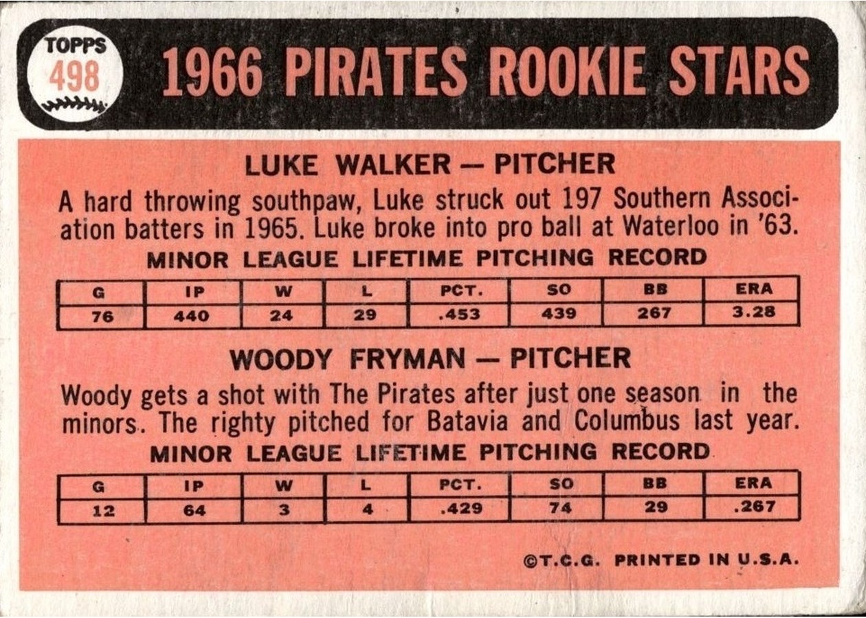 1966 Topps #498 Pirates 1966 Rookie Stars card back