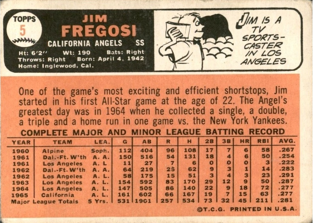 1966 Topps #5 Jim Fregosi card back